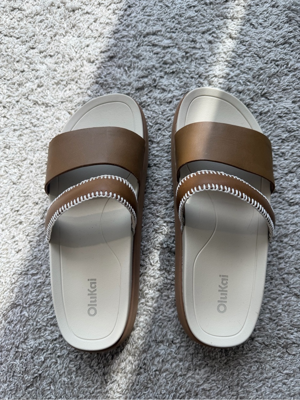 OluKai Women's Brown and Cream Double Strap Pae Slide Sandal